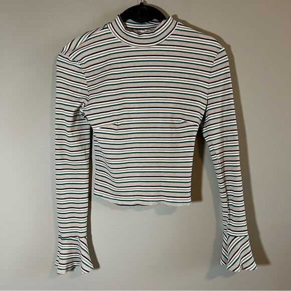 ✨ Sadie & Sage Women’s Tan Green White Striped Mock Neck Top Medium - Picture 1 of 9